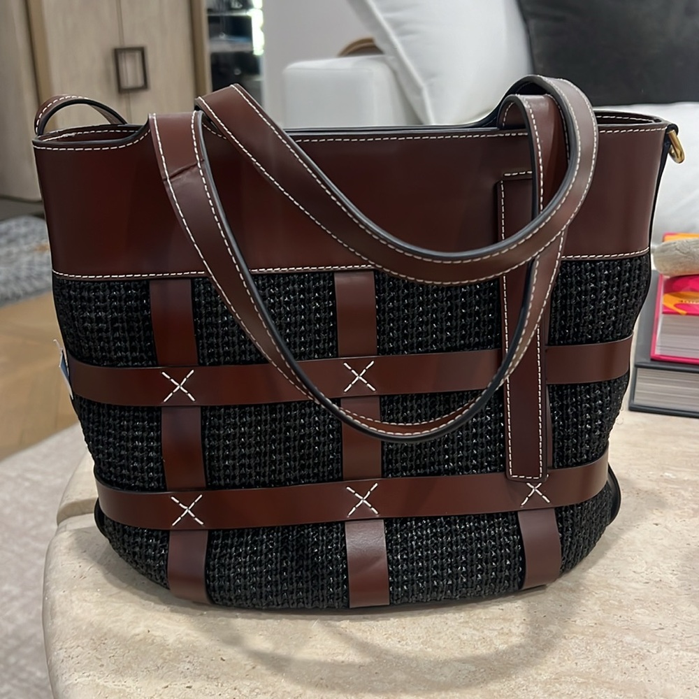 Staud Mini Raffia & Leather Tote